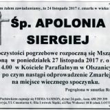 Ś.P. Apolonia Siergiej 23.11.2017r. Złotoryja, Olszanica
